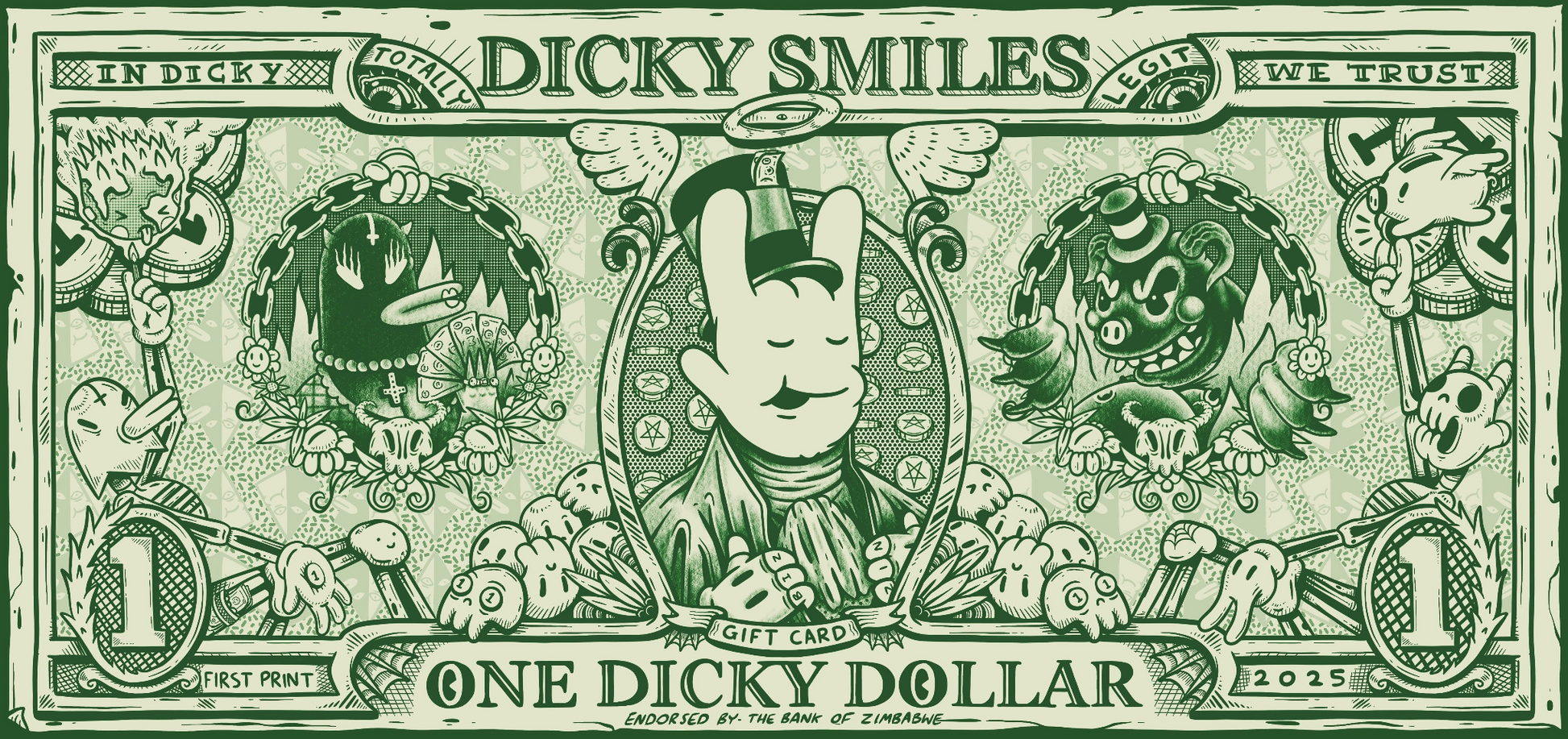 Surreal design resembling a dollar bill with cartoon characters and text, featuring the brand 'Dicky Smiles'.