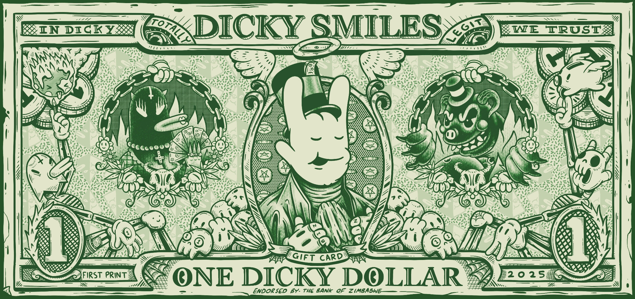 Surreal design resembling a dollar bill with cartoon characters and text, featuring the brand 'Dicky Smiles'.